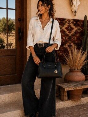 Furla Linda Medium Black Saffiano Leather Satchel Crossbody Bag Gold Hardware